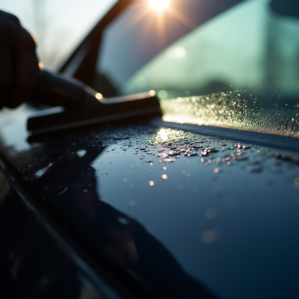 Крупный план нанесения тонировочной плёнки на стекло